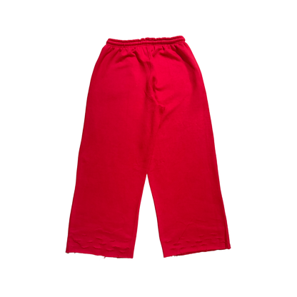 Red back view of TG Rhinestone oversized, distressed rhinestone sweatpants. 