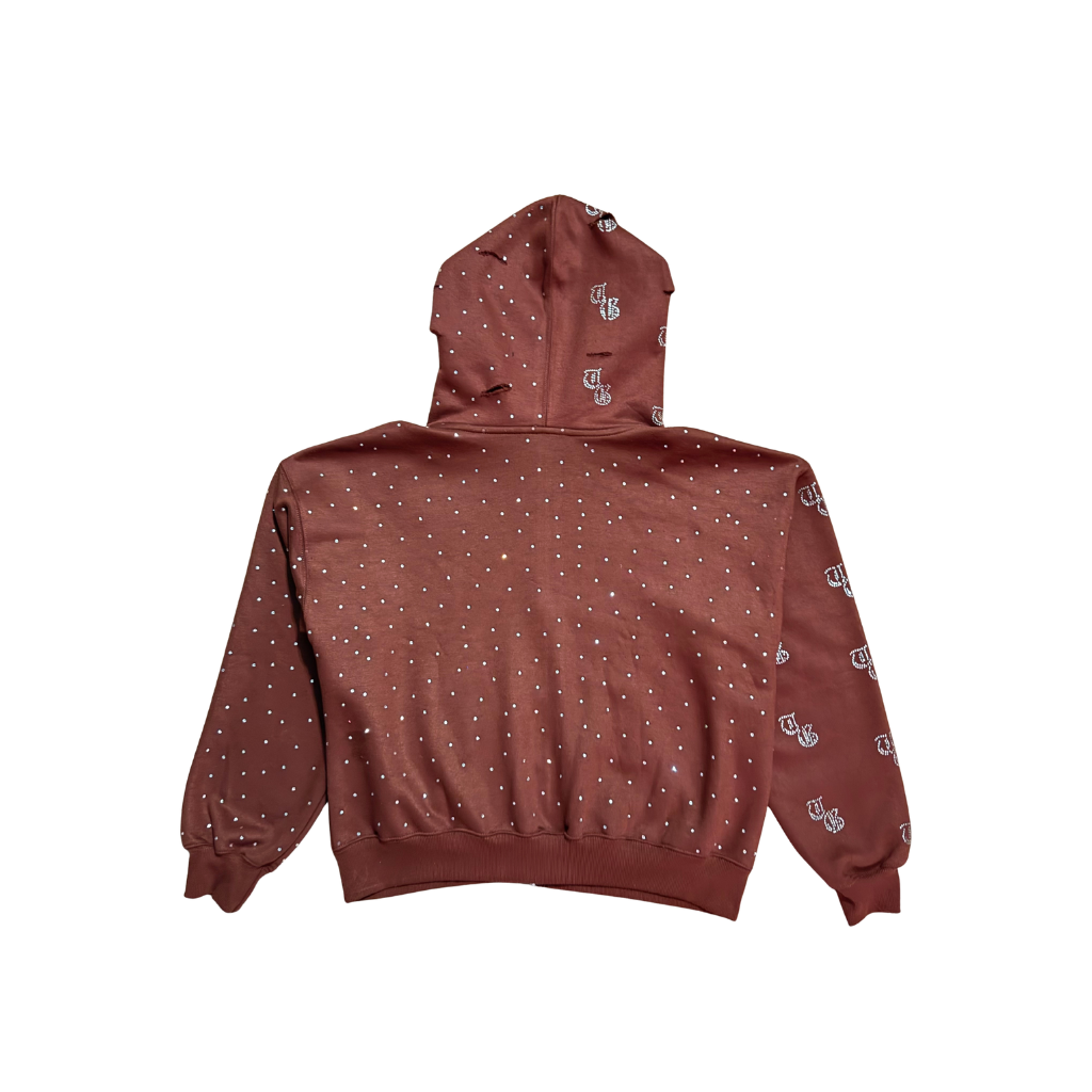 Brown back view of TG Rhinestone oversized, distressed, cropped, rhinestone jacket.