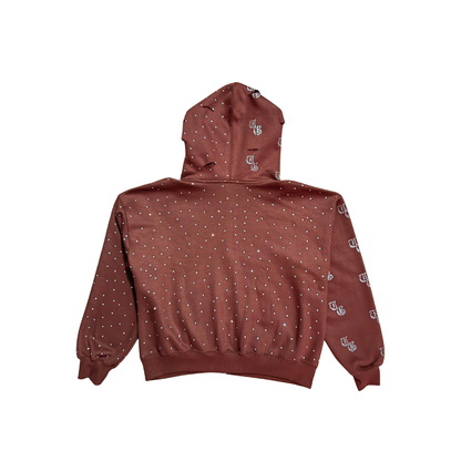 Brown back view of TG Rhinestone oversized, distressed, cropped, rhinestone jacket.