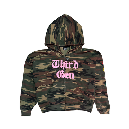 Front view of Third Gen Camo oversized jacket.