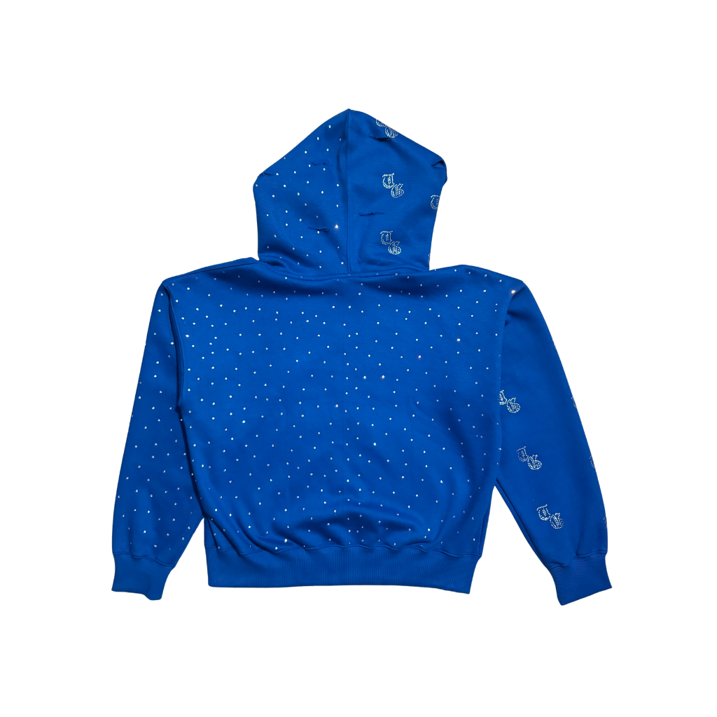 Blue front view of TG Rhinestone oversized, distressed, cropped, rhinestone jacket.