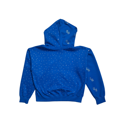 Blue front view of TG Rhinestone oversized, distressed, cropped, rhinestone jacket.