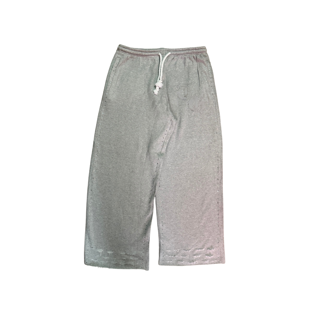 Gray front view of TG Rhinestone oversized, distressed rhinestone sweatpants. 