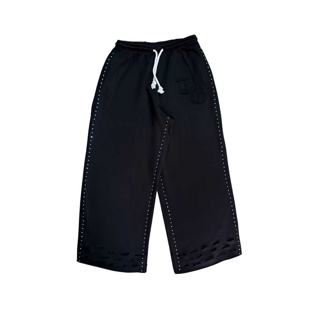 Black front view of TG Rhinestone oversized, distressed rhinestone sweatpants. 