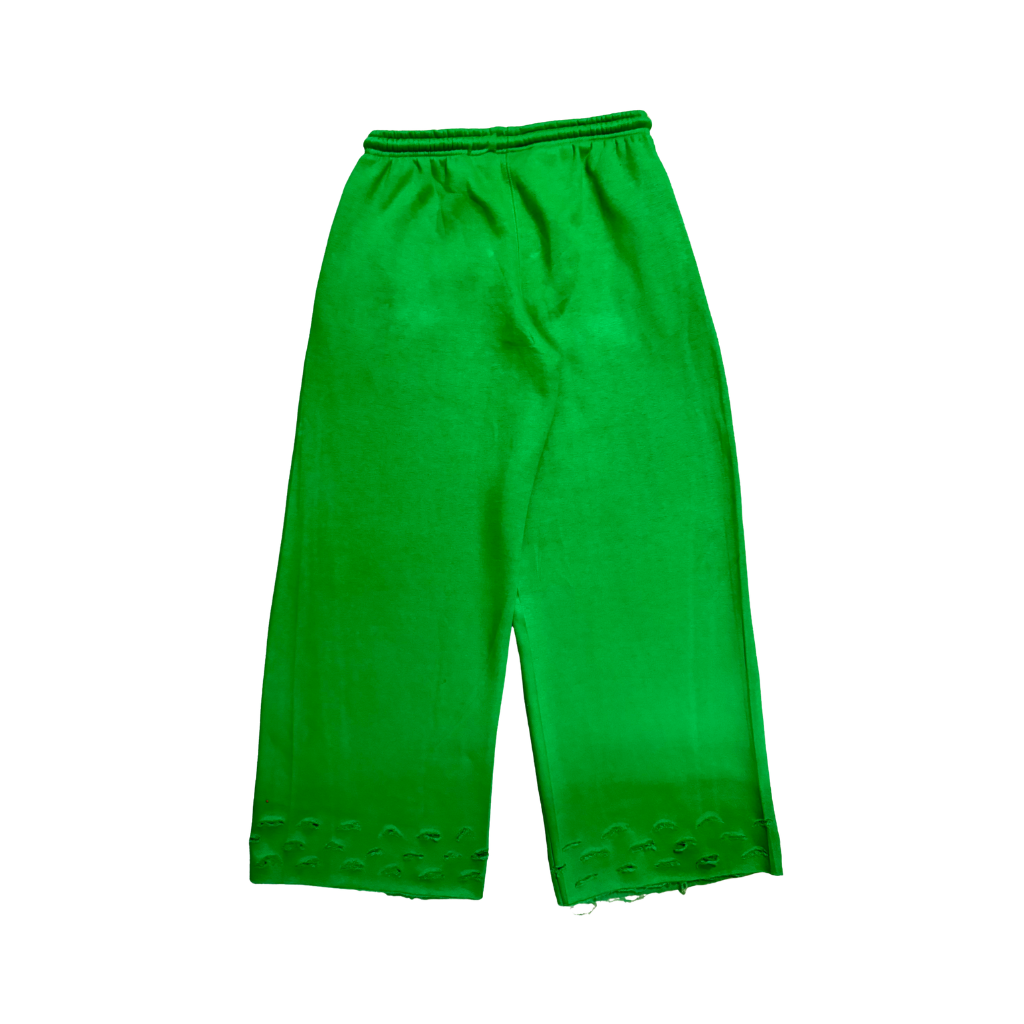 Green back view of TG Rhinestone oversized, distressed rhinestone sweatpants. 