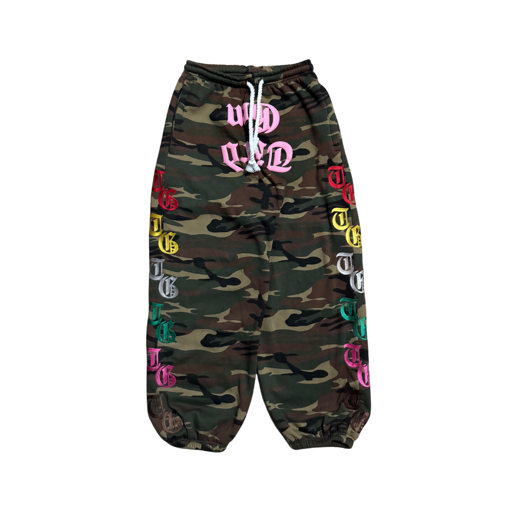 Front view of Third Gen Camo oversized sweatpants.