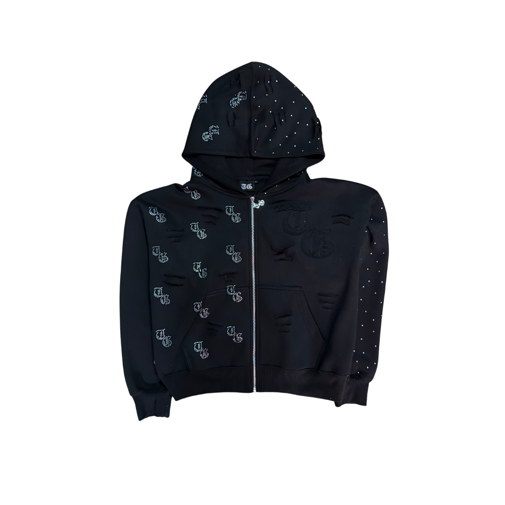 Black front view of TG Rhinestone oversized, distressed, cropped, rhinestone jacket.