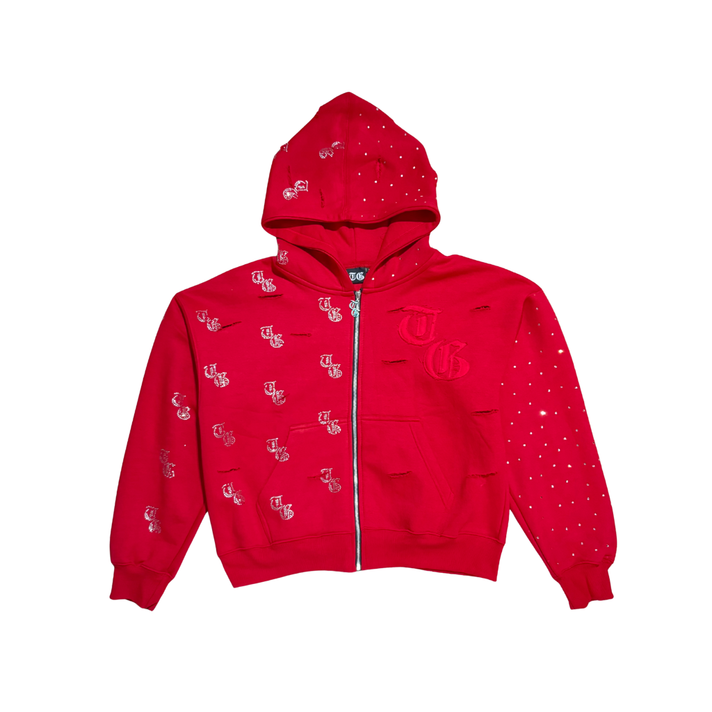 Red front view of TG Rhinestone oversized, distressed, cropped, rhinestone jacket.