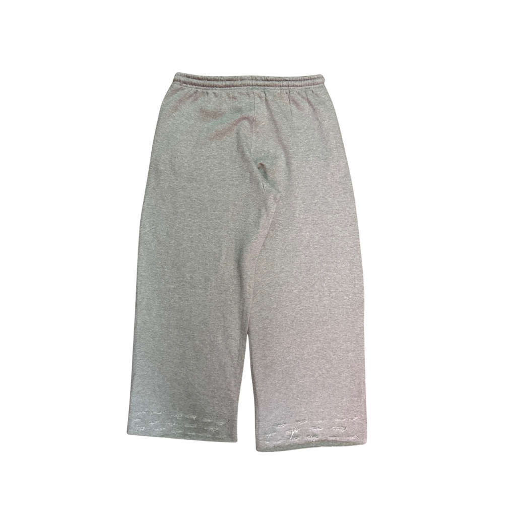 Gray back view of TG Rhinestone oversized, distressed rhinestone sweatpants. 