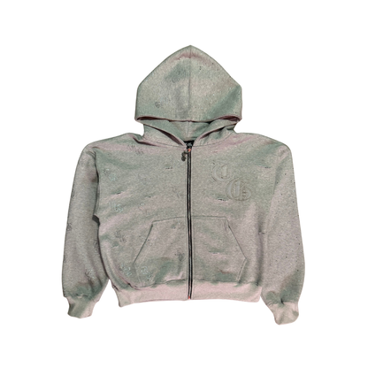 Gray front view of TG Rhinestone oversized, distressed, cropped, rhinestone jacket.