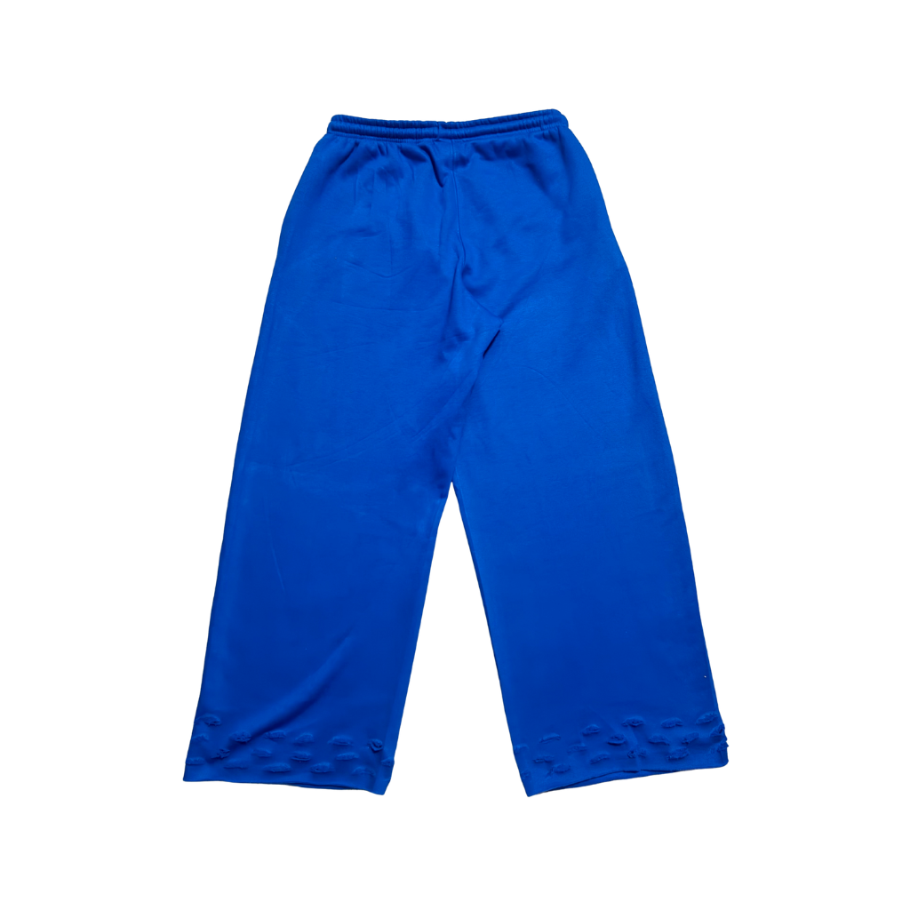 Blue back view of TG Rhinestone oversized, distressed rhinestone sweatpants. 