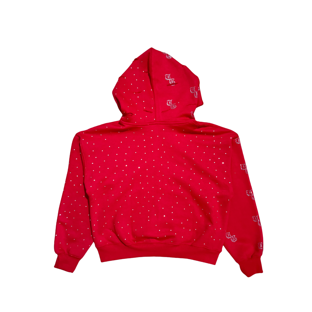 Red back view of TG Rhinestone oversized, distressed, cropped, rhinestone jacket.