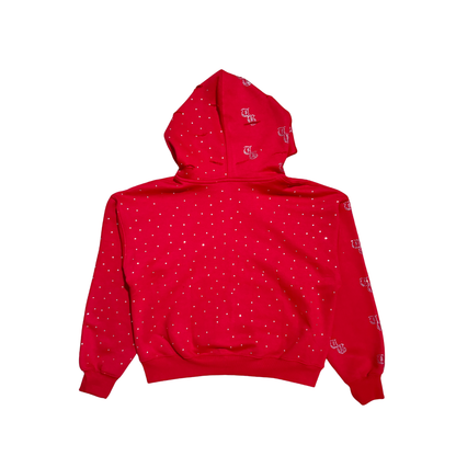 Red back view of TG Rhinestone oversized, distressed, cropped, rhinestone jacket.