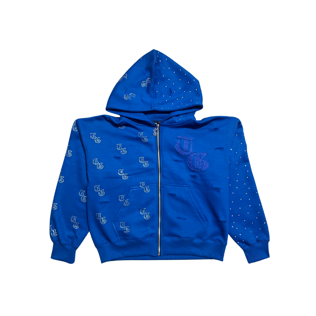 Blue front view of TG Rhinestone oversized, distressed, cropped, rhinestone jacket.