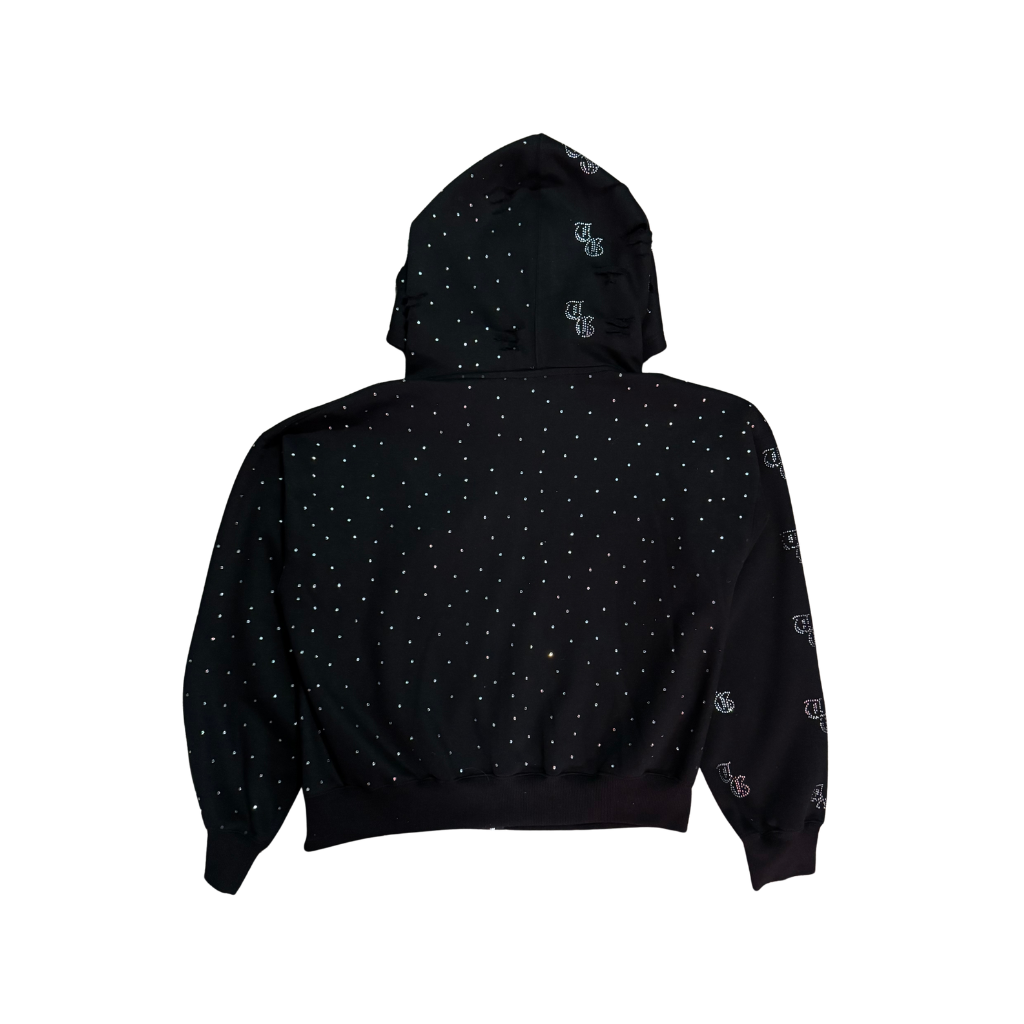 Black back view of TG Rhinestone oversized, distressed, cropped, rhinestone jacket.