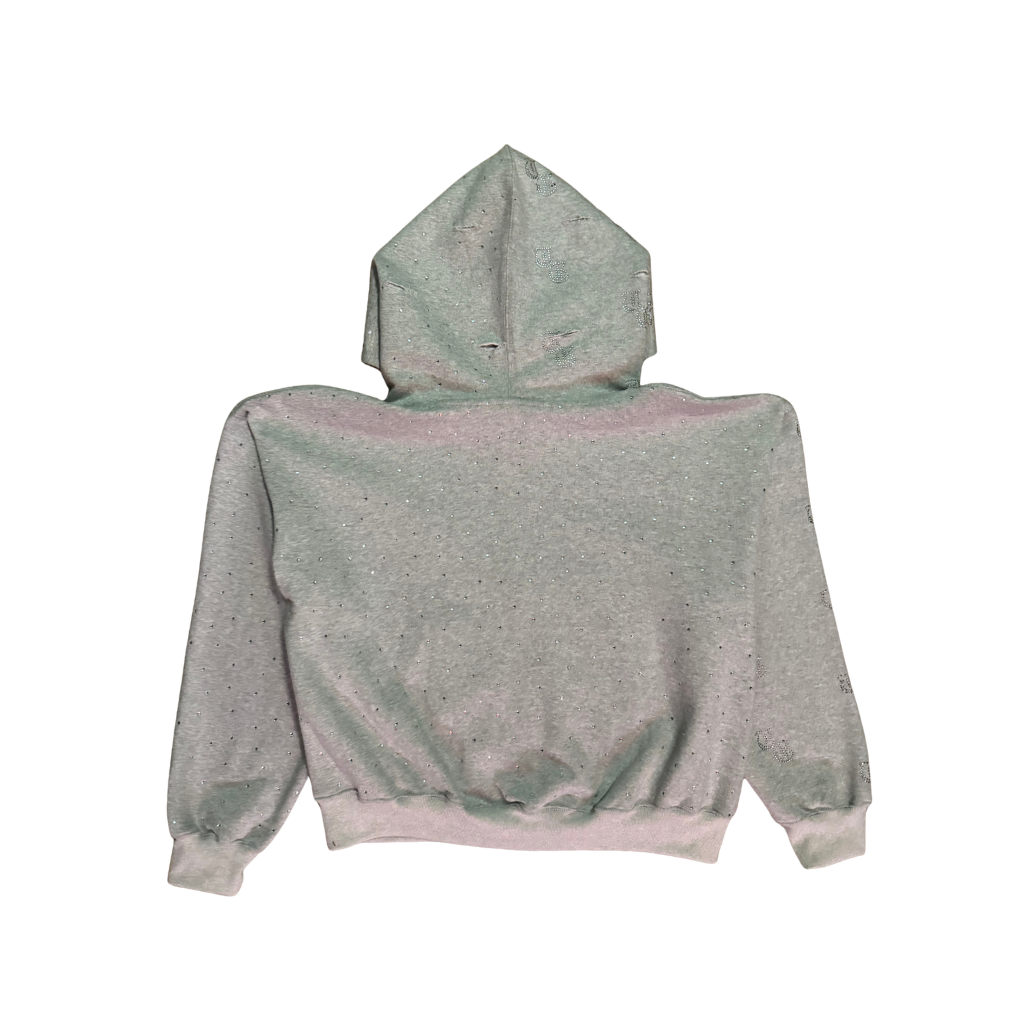Gray back view of TG Rhinestone oversized, distressed, cropped, rhinestone jacket.