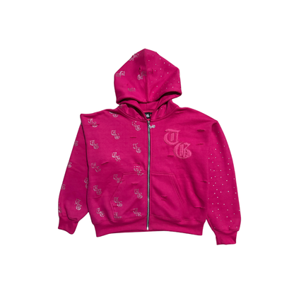 Pink front view of TG Rhinestone oversized, distressed, cropped, rhinestone jacket.