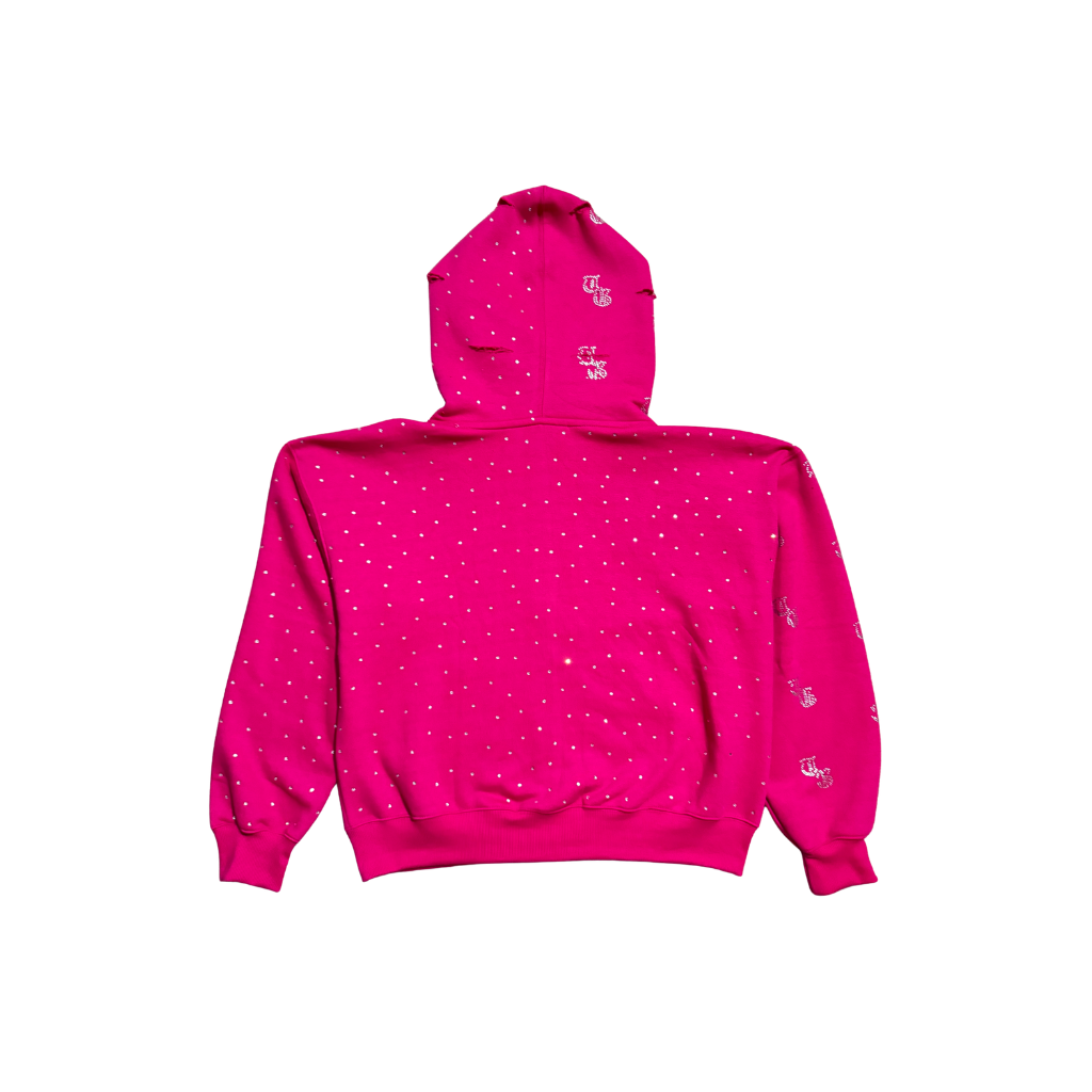 Pink back view of TG Rhinestone oversized, distressed, cropped, rhinestone jacket.