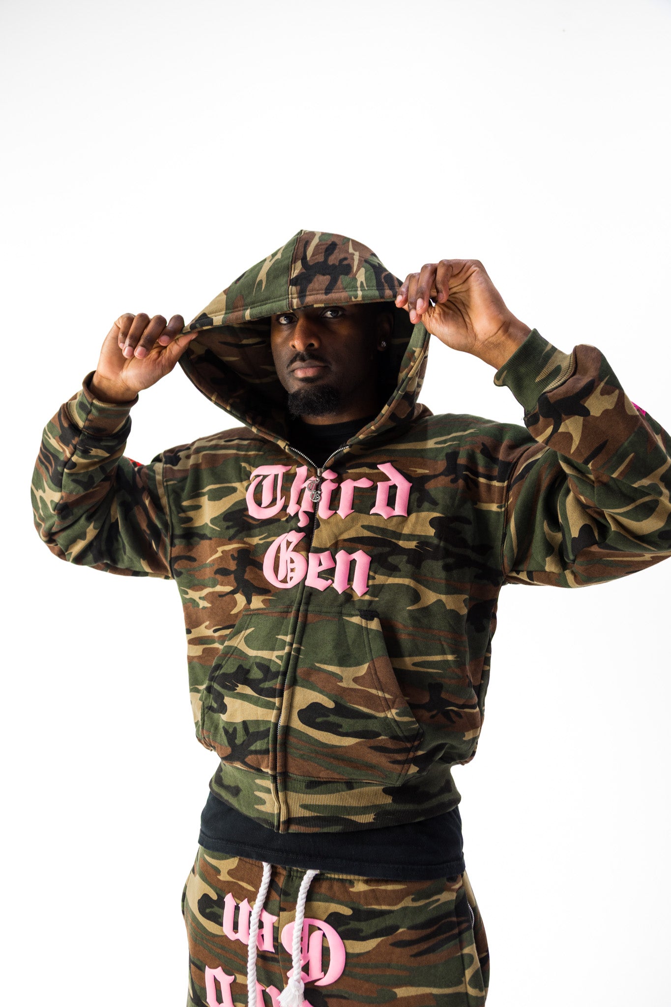 Front model view of Third Gen Camo oversized jacket.