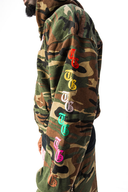 Side view of Third Gen Camo oversized jacket.
