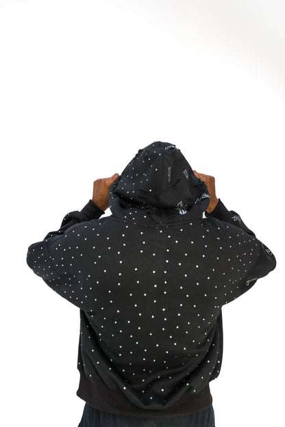 Black model back view of TG Rhinestone oversized, distressed, cropped, rhinestone jacket.