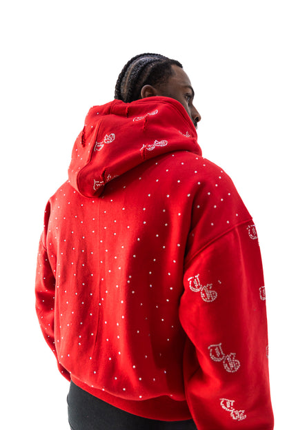 Red model back view of TG Rhinestone oversized, distressed, cropped, rhinestone jacket.
