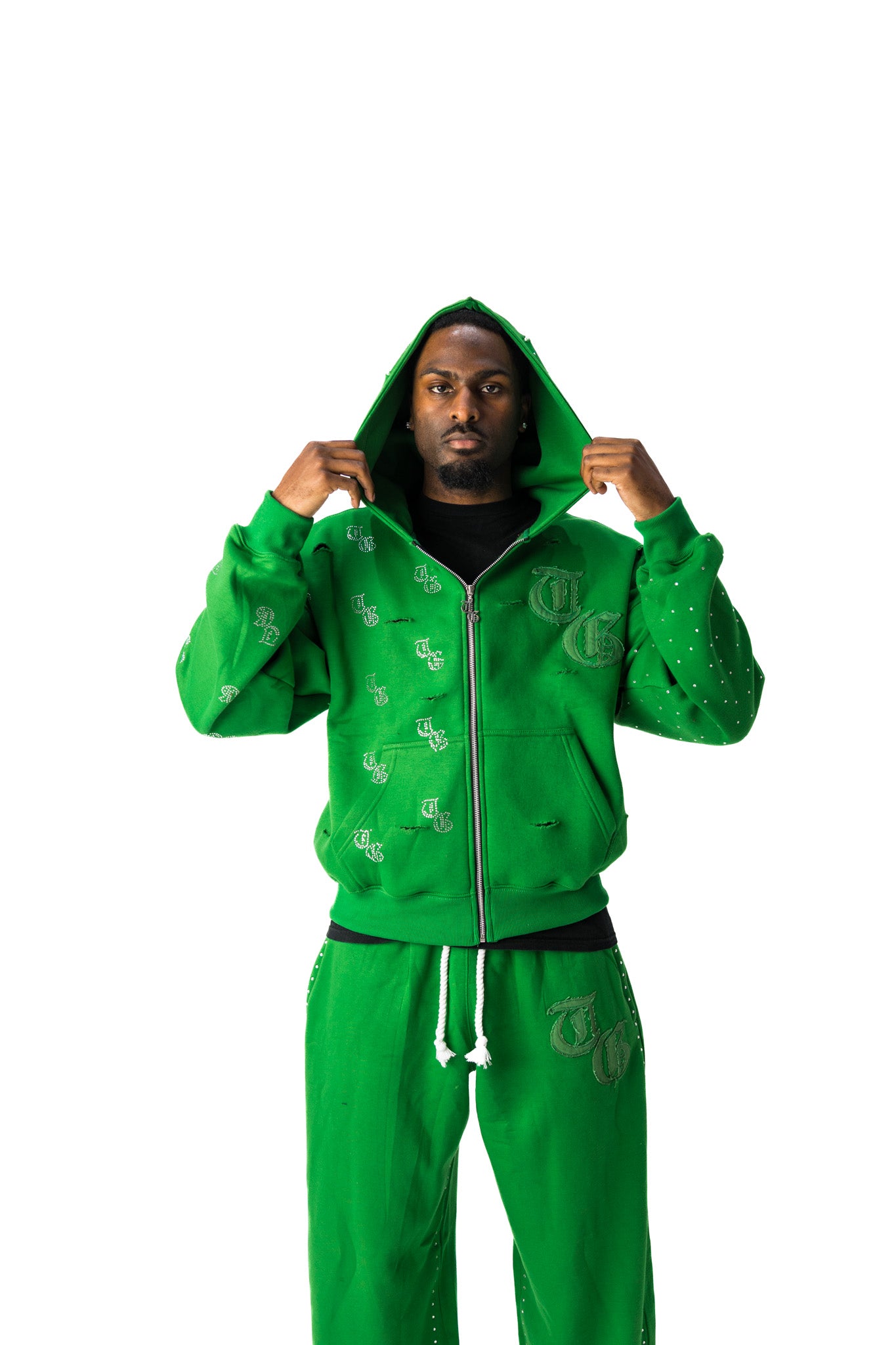Green model front view of TG Rhinestone oversized, distressed, cropped, rhinestone jacket.