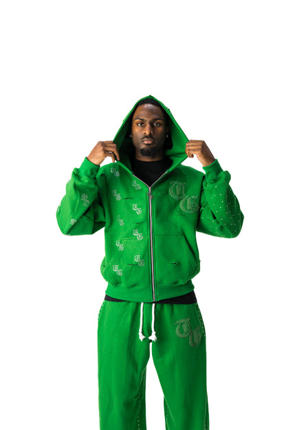 Green model front view of TG Rhinestone oversized, distressed, cropped, rhinestone jacket.