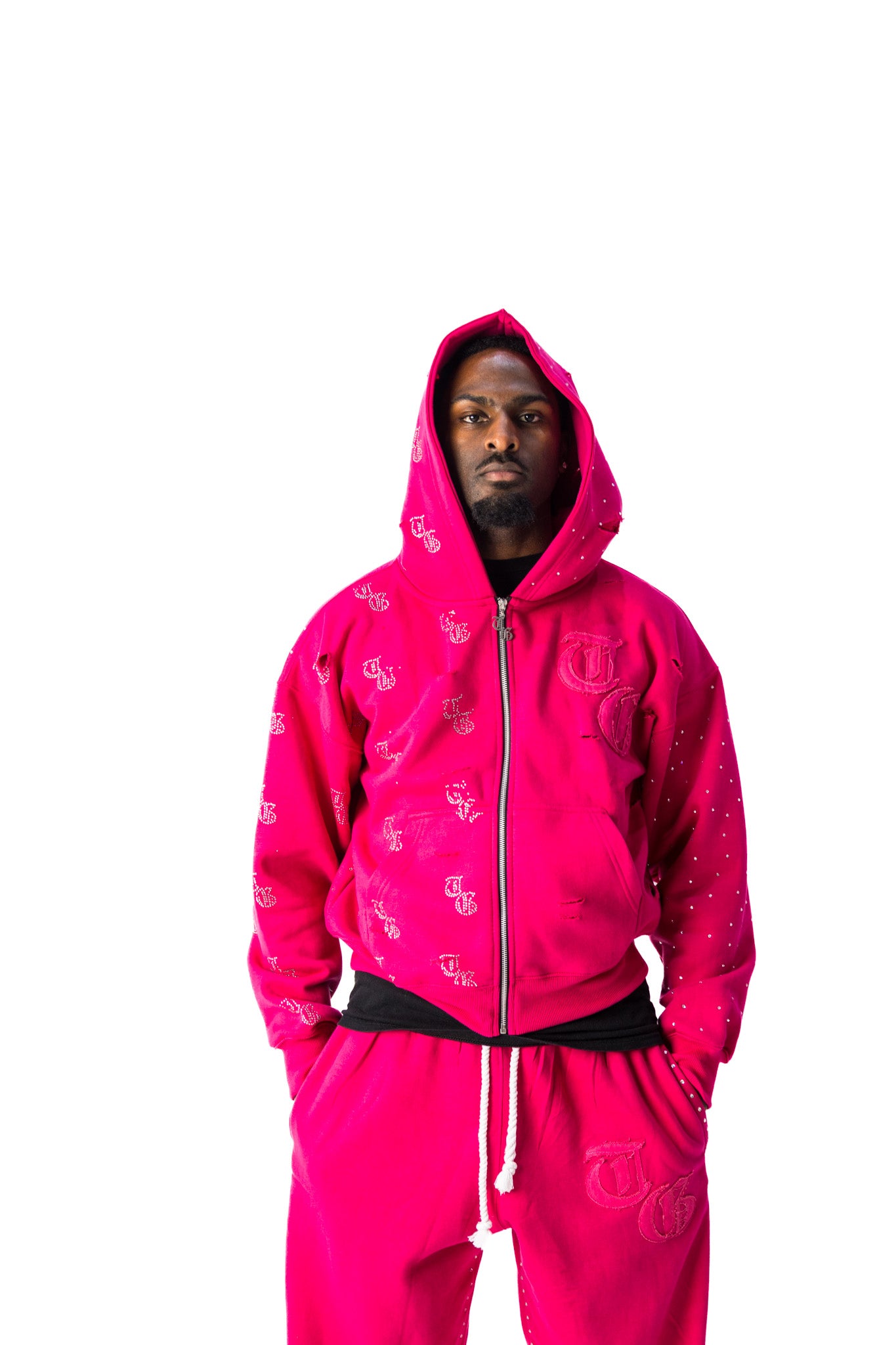 Pink model front view of TG Rhinestone oversized, distressed, cropped, rhinestone jacket.