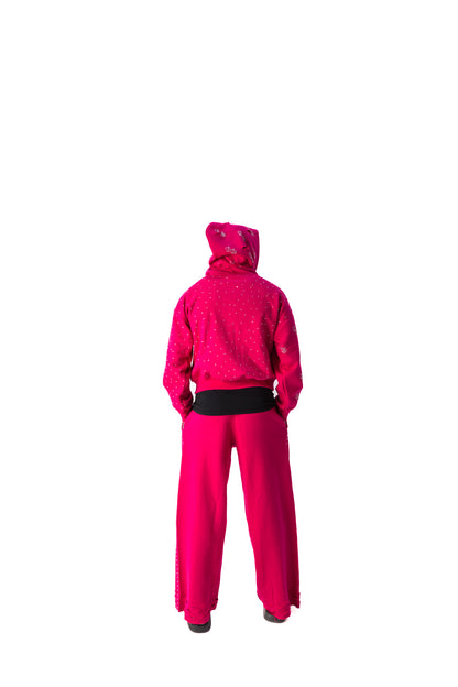 Pink model back view of TG Rhinestone oversized, distressed, cropped, rhinestone jacket.