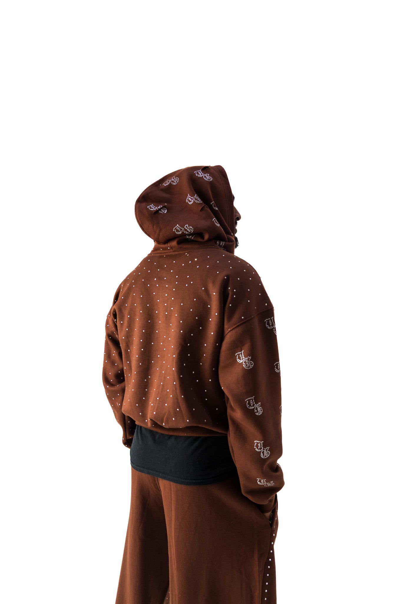 Brown model back view of TG Rhinestone oversized, distressed, cropped, rhinestone jacket.