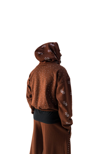 Brown model back view of TG Rhinestone oversized, distressed, cropped, rhinestone jacket.