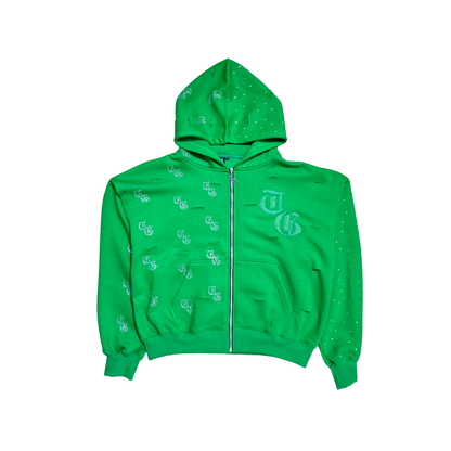 Green front view of TG Rhinestone oversized, distressed, cropped, rhinestone jacket.