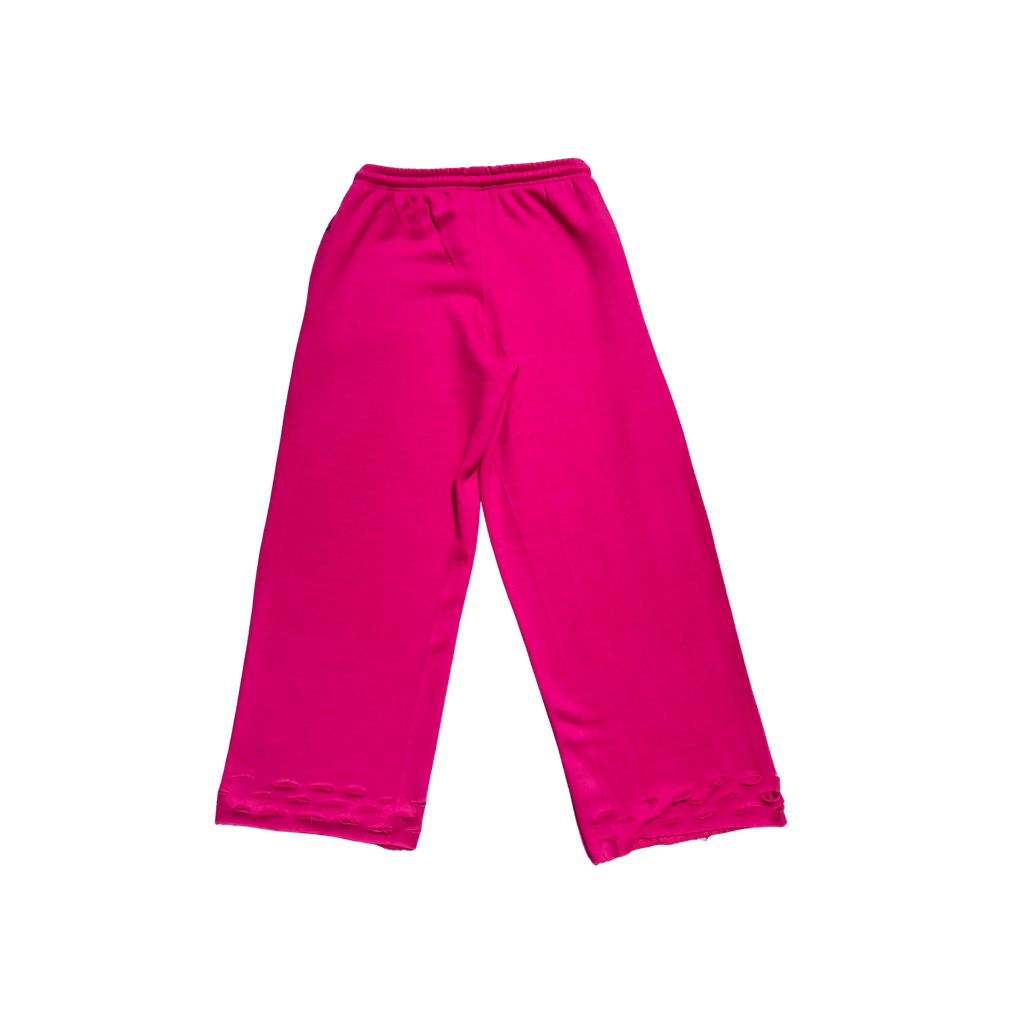 Pink back view of TG Rhinestone oversized, distressed rhinestone sweatpants. 
