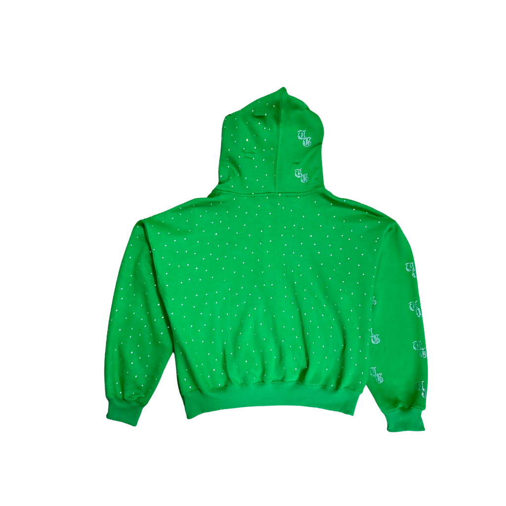 Green back view of TG Rhinestone oversized, distressed, cropped, rhinestone jacket.