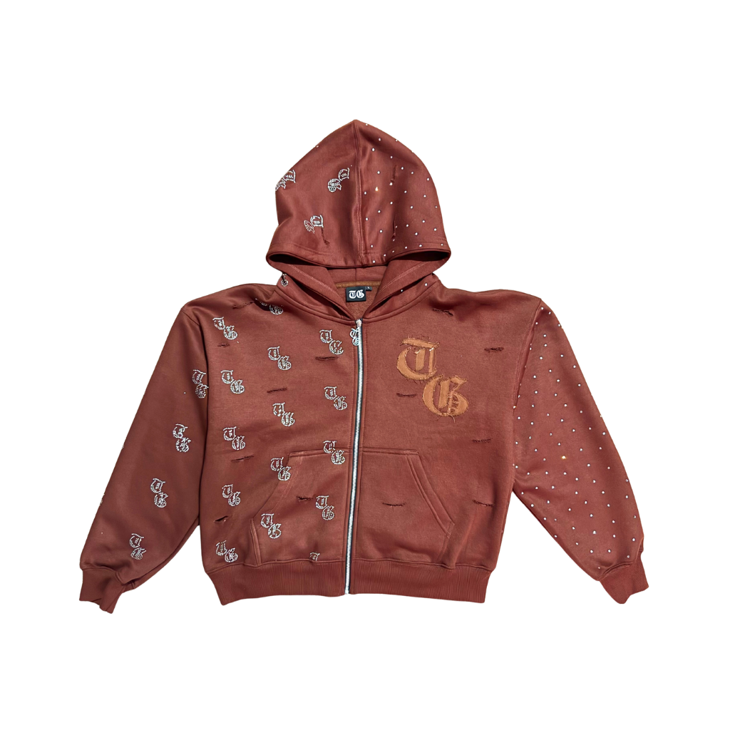 Brown front view of TG Rhinestone oversized, distressed, cropped, rhinestone jacket.